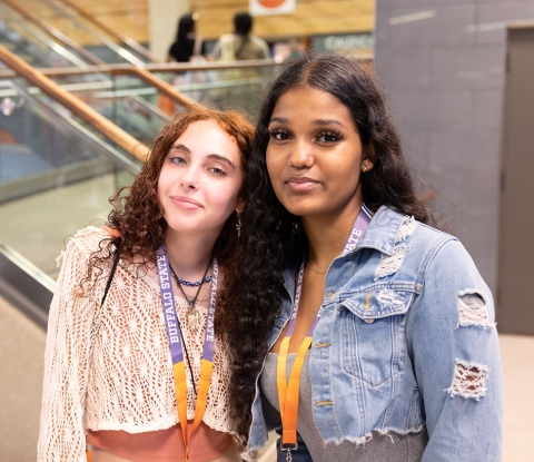 Two students in the union lobby